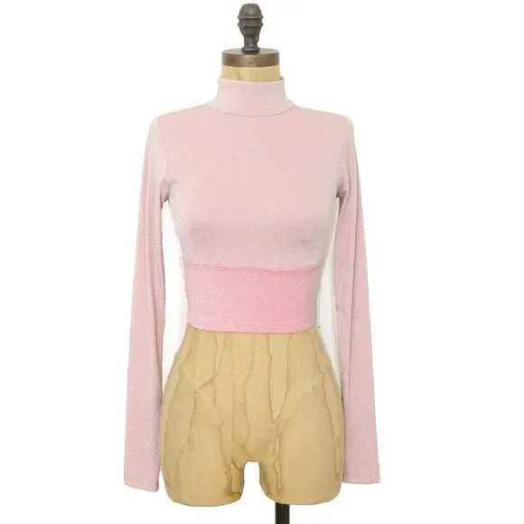 NAKED WARDROBE On The Glow Turtleneck Crop Top Size S Glitter Pink NWT B69 - Picture 2 of 6